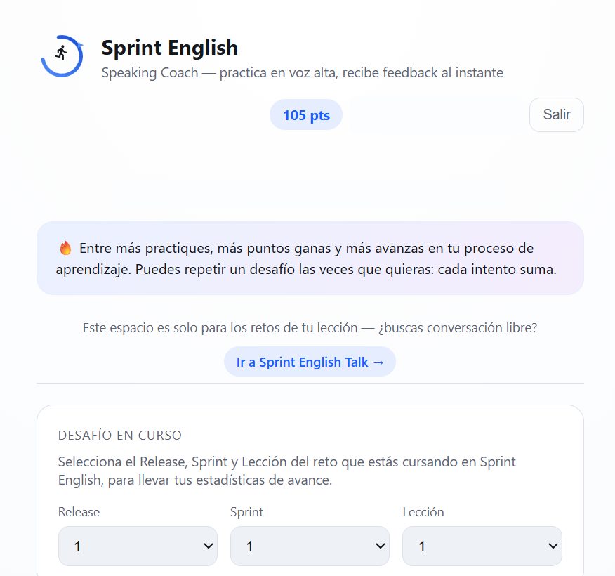 Inicio de Sprint English Coach con puntos acumulados